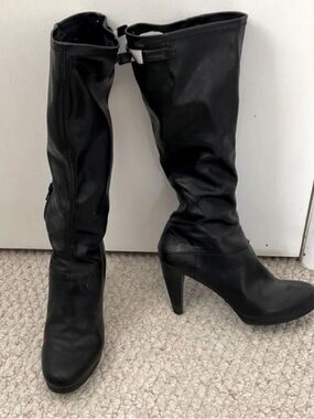 Nine West Black Leather Knee High Heel Boots 8.5 Classic Riding Style